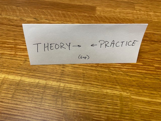 A tiny sign that says "theory" on one side and "practice" on the other, with arrows pointing toward the middle, to remind us to shrink the gap!