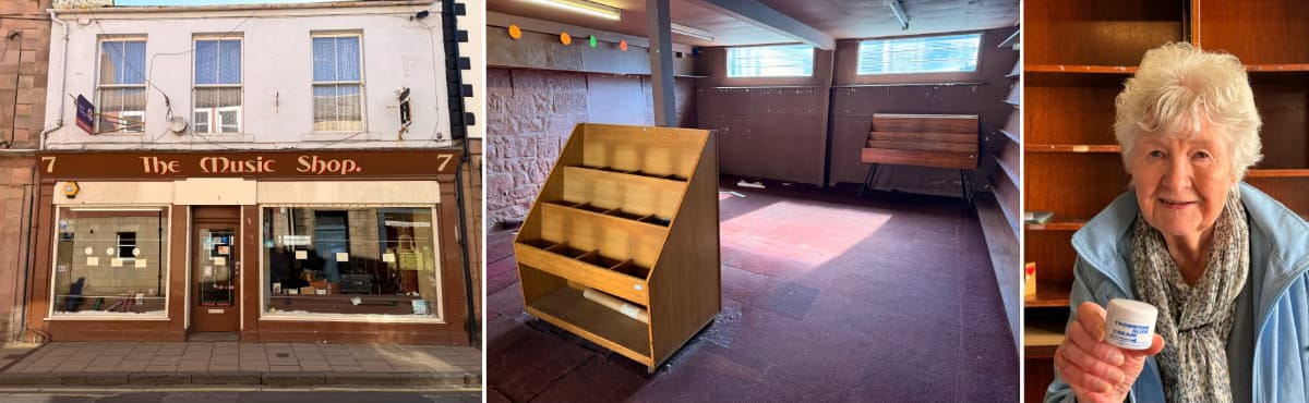 The music shop exterior, the empty interior and Margaret handing me the slide cream The music shop exterior, the empty interior and Margaret handing me the slide cream