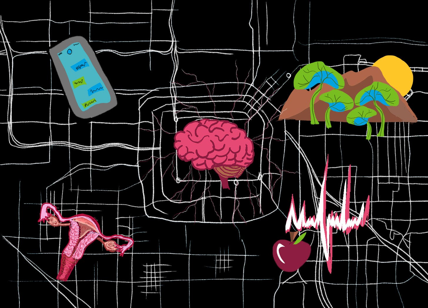 ​A black-colored map with white lines throughout roughly sketching roads and topography. The map features five illustrations: at the center is a pink brain. At the top left is a cell phone with rough sketches of text messages. At the top right is a sketch of brown mountains surrounded by green trees. In the bottom right is an apple and a heart rate chart. In the bottom left is a sketch of a uterus. The illustration is meant to creatively represent a "Guide to Doing Well."