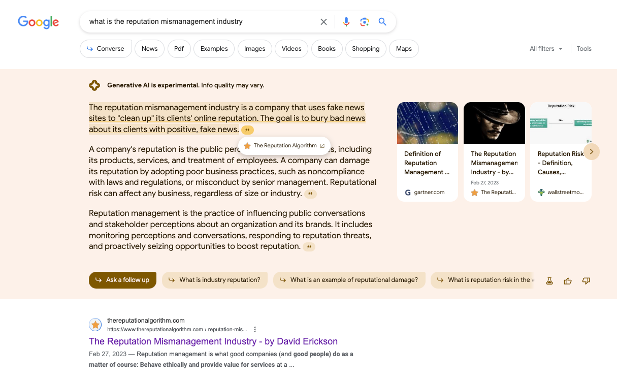 Screenshot: Google SGE SERPs for What Is The Reputation Mismanagement Industry with link attribution