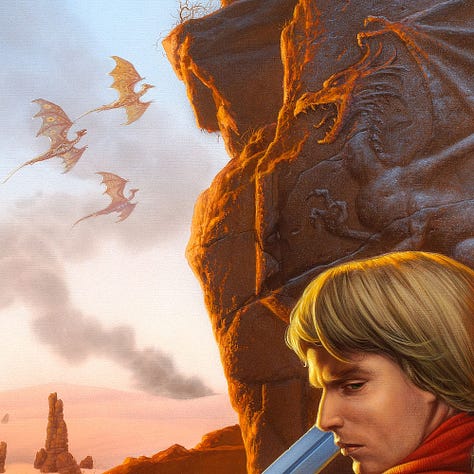 LEFT: Background detail from THE DRAGON’S SWORD featuring a trio of dragons in flight. A plume of smoke drifts to form a zig zag in the sky. In the foreground a dragon is etched in relief on the broken stone face behind the figures.  CENTER: Detail from THE DRAGON’S SWORD he wears a red scarf around his neck and his long hair is tied in a ponytail. He holds a plain steel sword with a guard curving from hilt to pommel to protect his leather gloved hand. His opposite hand rests on the shoulder of a woman standing with her eyes closed in grief. His eyes are slit as he glances back to the audience.  RIGHT: Figure detail from THE DRAGON’S SWORD featuring an armored man with his back to the audience and head turned in profile. Over his right shoulder is a woman whose curly red hair is covered with cloth with a tight thin band high on the crown of her head. Her eyes are closed and her face a mask of quiet grief.