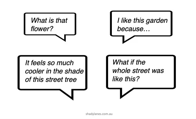 speech bubbles: What is that Flower? It feels so much cooler in the shade of the street tree. What if the whole street was like this?