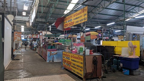 scenes from mall food courts + vendors cooking at food stalls in Bangkok, Thailand including a Dunkin' Donuts