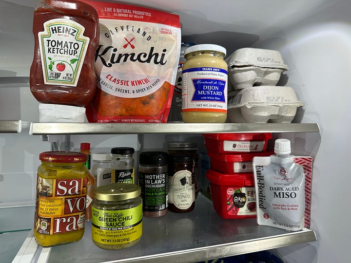 Condiments in a refrigerator.