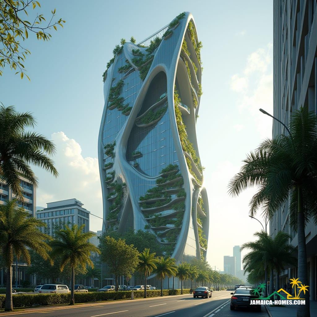 A breathtaking cinematic film still captured on v-raptor XL of a futuristic skyscraper in downtown Kingston, Jamaica, circa 2040. The building boasts a sleek, organic design with flowing curves and dynamic facades, constructed from advanced, locally sourced obsidian and bauxite composite materials. Its exterior seamlessly integrates photovoltaic glass panels and lush vertical green walls, promoting energy efficiency and environmental harmony. Elevated foundations and storm-resistant materials ensure resilience against extreme weather. Shot with a 35mm lens, featuring film grain, a subtle vignette, rich color grading, and dramatic cinematic lighting creating an atmospheric masterpiece.