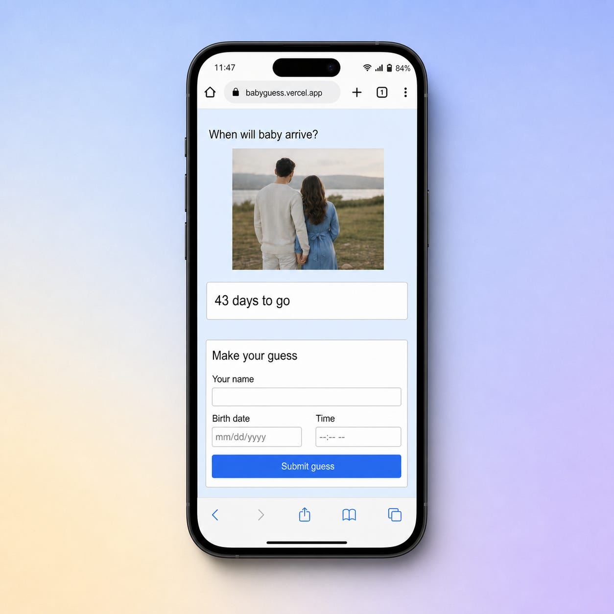 Mobile baby birth guessing app showing a 43-day countdown and fields for a name, birth date, and time. Mobile baby birth guessing app showing a 43-day countdown and fields for a name, birth date, and time.