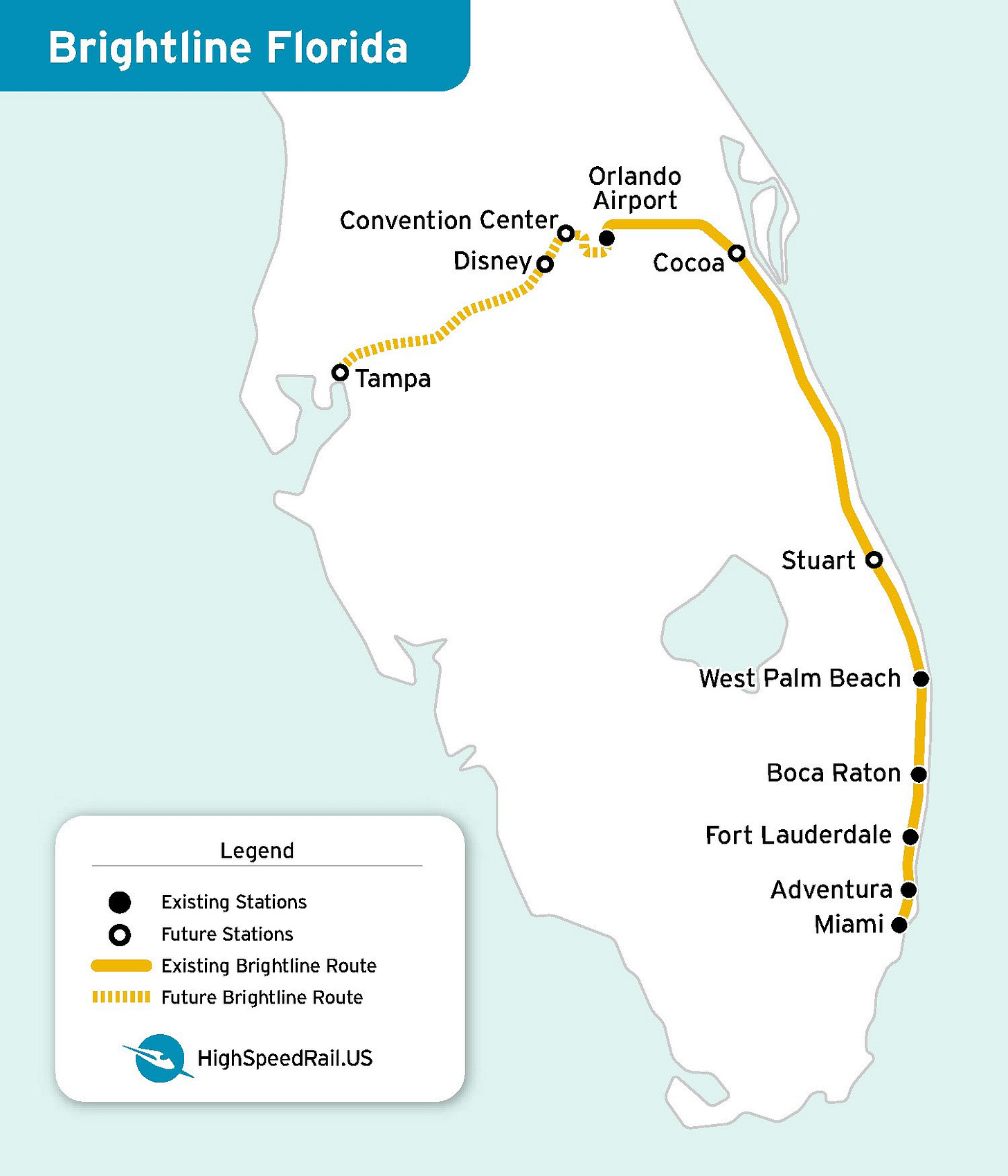 Map showing Brightline Florida rail route from Miami to Orlando, with future Tampa extension.