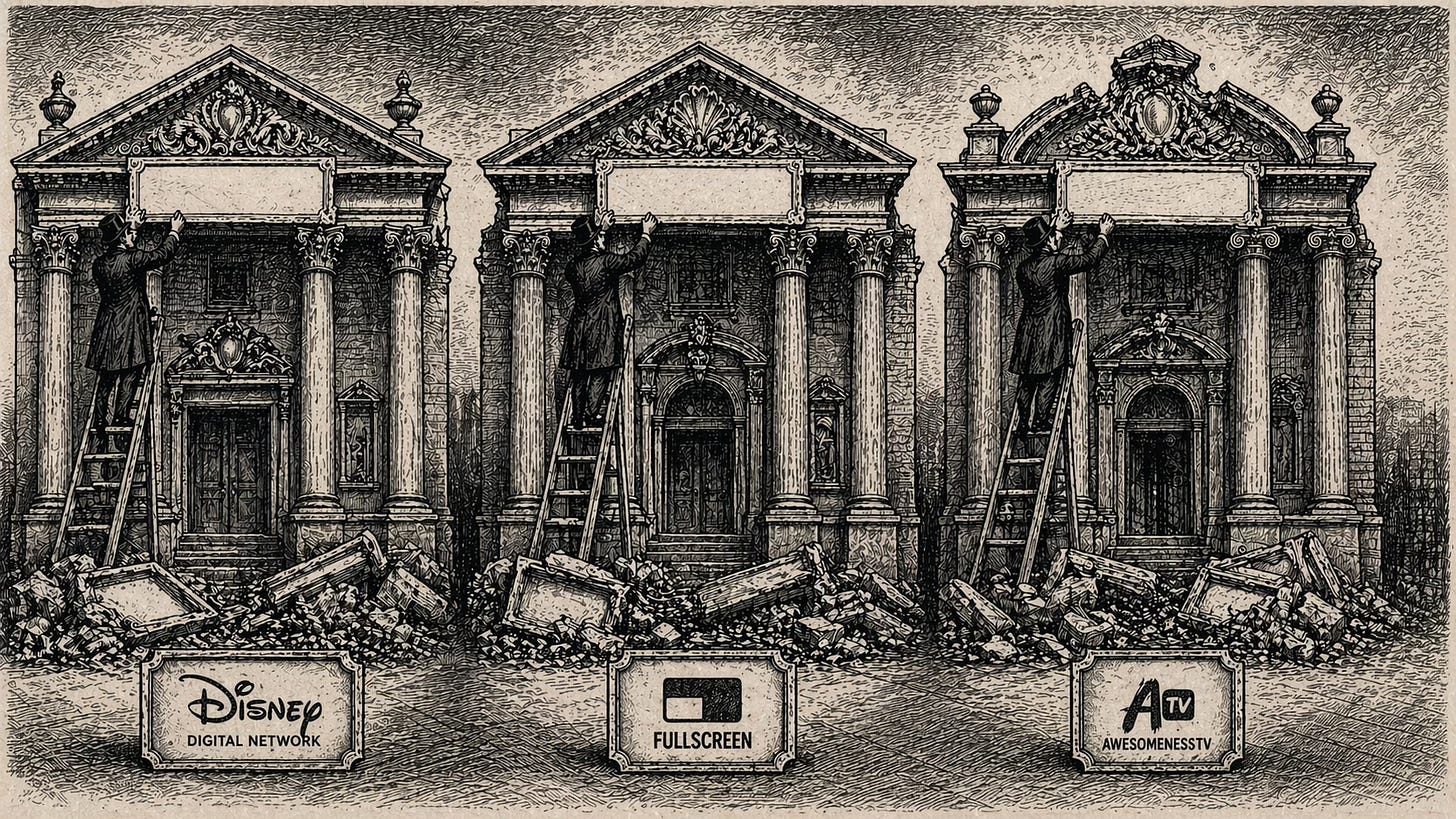 Thomas Nast wood engraving of three Victorian institutional facades with executives hoisting identical new signboards as rubble from prior rebrands piles beneath each building, illustrating how Disney Digital Network, Fullscreen, and AwesomenessTV each sold the same end-to-end media company pitch and each produced a write-down. Thomas Nast wood engraving of three Victorian institutional facades with executives hoisting identical new signboards as rubble from prior rebrands piles beneath each building, illustrating how Disney Digital Network, Fullscreen, and AwesomenessTV each sold the same end-to-end media company pitch and each produced a write-down.