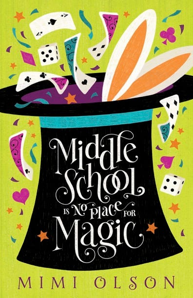A green cover with a magician's hat with a rabbit, cards, and confetti spilling out of it.
