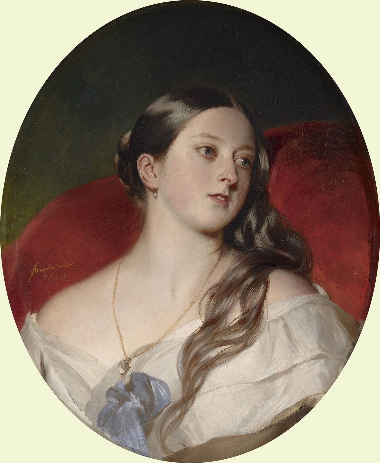 Winterhalter's Queen Victoria: a young queen in a white gown leans on a red cushion, her hair half loose over one shoulder Winterhalter's Queen Victoria: a young queen in a white gown leans on a red cushion, her hair half loose over one shoulder