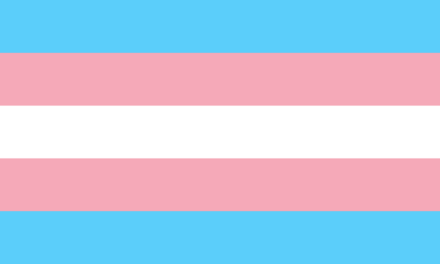 transgender pride flag; five stripes; starting from top colors are blue, pink, white, pink, blue