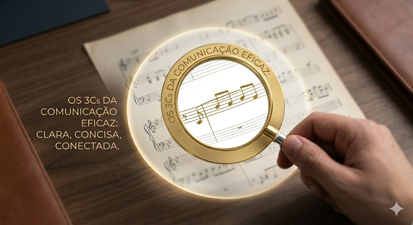 Uma foto de close-up de uma mão segurando uma lupa sobre uma partitura musical, situada em uma mesa de escritório de madeira escura ao lado de uma pasta de couro. A lente da lupa foca em notas musicais douradas e detalhadas dentro de um círculo iluminado e nítido. O resto da partitura é desfocado. No aro interno da lupa, está gravado o texto "OS 3Cs DA COMUNICAÇÃO EFICAZ: CLARA, CONCISA, CONECTADA. Uma foto de close-up de uma mão segurando uma lupa sobre uma partitura musical, situada em uma mesa de escritório de madeira escura ao lado de uma pasta de couro. A lente da lupa foca em notas musicais douradas e detalhadas dentro de um círculo iluminado e nítido. O resto da partitura é desfocado. No aro interno da lupa, está gravado o texto "OS 3Cs DA COMUNICAÇÃO EFICAZ: CLARA, CONCISA, CONECTADA.