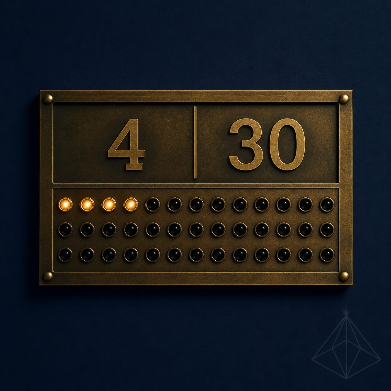 The Visible Practitioner case study June 2026. A brass scoreboard on navy showing 4 of 30 representing five AI engines answering thirty customer questions. The Visible Practitioner case study June 2026. A brass scoreboard on navy showing 4 of 30 representing five AI engines answering thirty customer questions.
