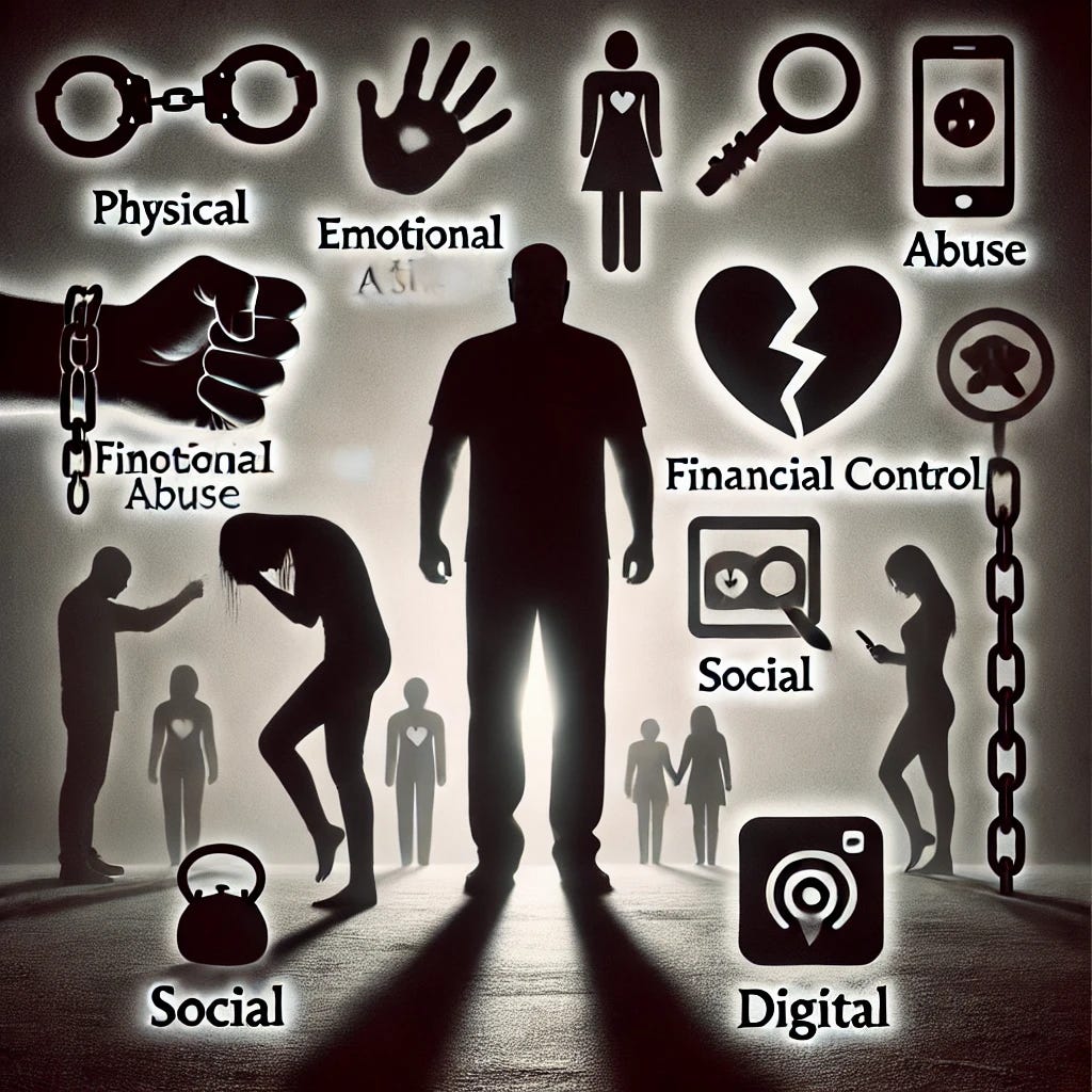 Dark silhouette figure with icons around it showing the many faces of abuse including physical, emotional, financial, digital, and social abuse types