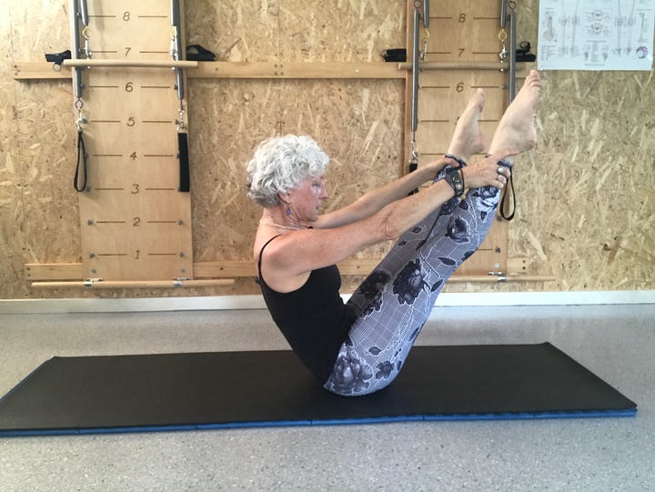 seven photos with a white haired woman in exercise clothing doing each of the Pilates exercises listed in the email