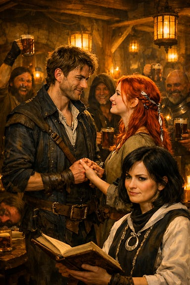 Greegan and Ireena’s wedding inside the Juggling Ogre tavern. Greegan described as a lean, sharp‑featured rogue with tousled sandy hair, storm‑gray eyes, and charcoal‑blue leathers, wearing a mostly clean shirt for the wedding. Ireena with fire‑red hair braided with a single silver ribbon. The tavern is packed with rogues, rangers, old friends, and new allies celebrating wildly. Warm lantern light, ale and woodsmoke in the air. Clarion stands at the front in cleric vestments with sleeves rolled up, looking holy and exasperated. Joyful, chaotic, heartfelt atmosphere. Greegan and Ireena’s wedding inside the Juggling Ogre tavern. Greegan described as a lean, sharp‑featured rogue with tousled sandy hair, storm‑gray eyes, and charcoal‑blue leathers, wearing a mostly clean shirt for the wedding. Ireena with fire‑red hair braided with a single silver ribbon. The tavern is packed with rogues, rangers, old friends, and new allies celebrating wildly. Warm lantern light, ale and woodsmoke in the air. Clarion stands at the front in cleric vestments with sleeves rolled up, looking holy and exasperated. Joyful, chaotic, heartfelt atmosphere.