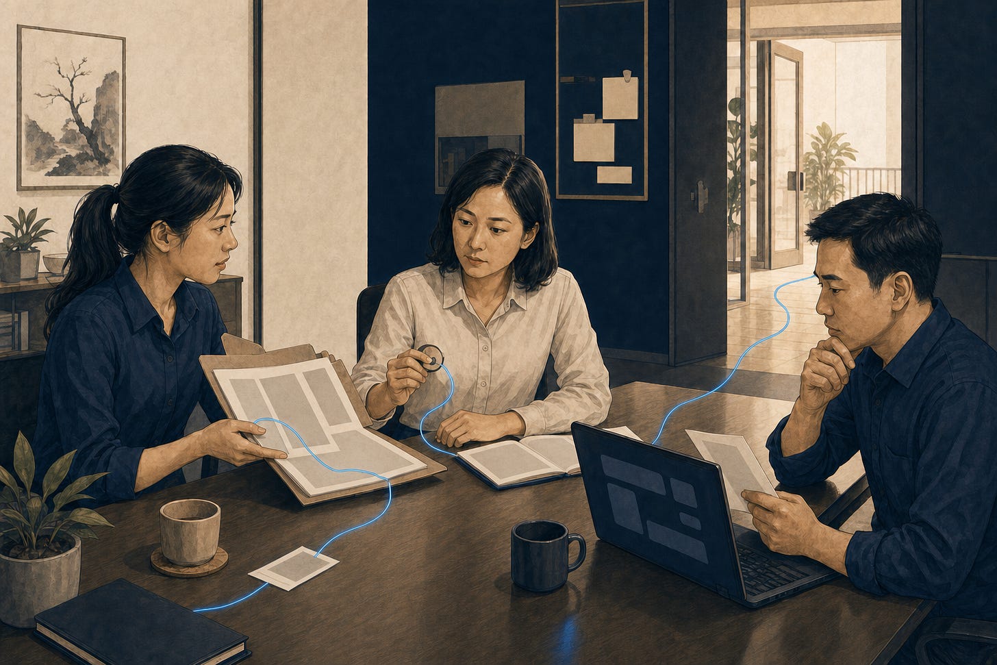 Nhân viên chăm sóc khách hàng vươn tay qua vách kính về phía ngăn hồ sơ ngoài thẩm quyền; sợi xanh dừng trước ranh giới. Nhân viên chăm sóc khách hàng vươn tay qua vách kính về phía ngăn hồ sơ ngoài thẩm quyền; sợi xanh dừng trước ranh giới.