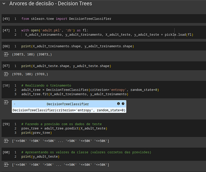 Código Python da árvore de decisão com as saídas — parte 1