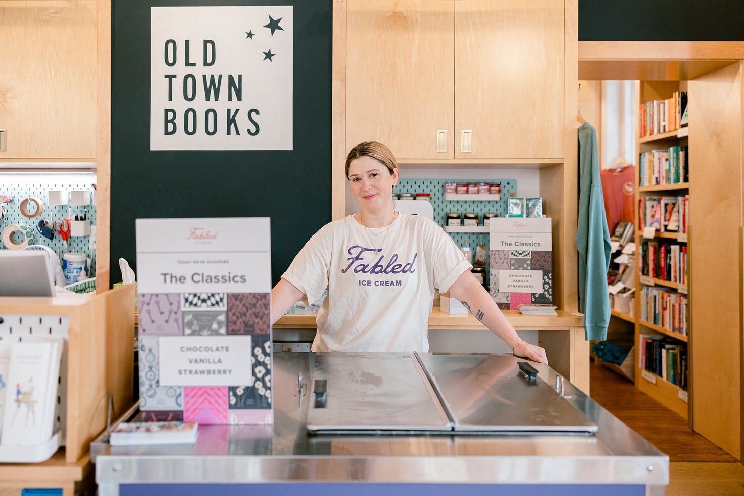 ally kirkpatrick owner fabled ice cream behind counter old town books
