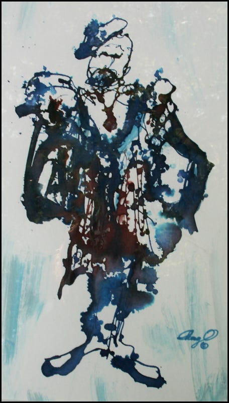 Quick sketch of a man in Tudor clothing done with lots of spattered ink on top.