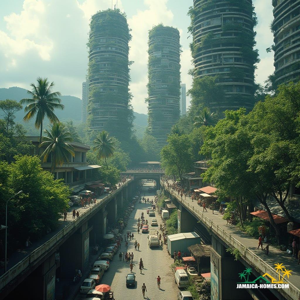 Downtown Kingston's sleek skyscrapers, wrapped in lush greenery and cascading waterfalls, surrounded by Jamaican vendors in sky-level public plazas, reggae murals on lower levels, amidst modern elevated roads, with tropical mountain backdrop, in a cinematic film still, inspired by the styles of Syd Mead, Ash Thorp, and Simon Stalenhag, with film grain, vignette, and color grading, evoking a sense of epic, atmospheric, and dramatic, 35mm film quality.