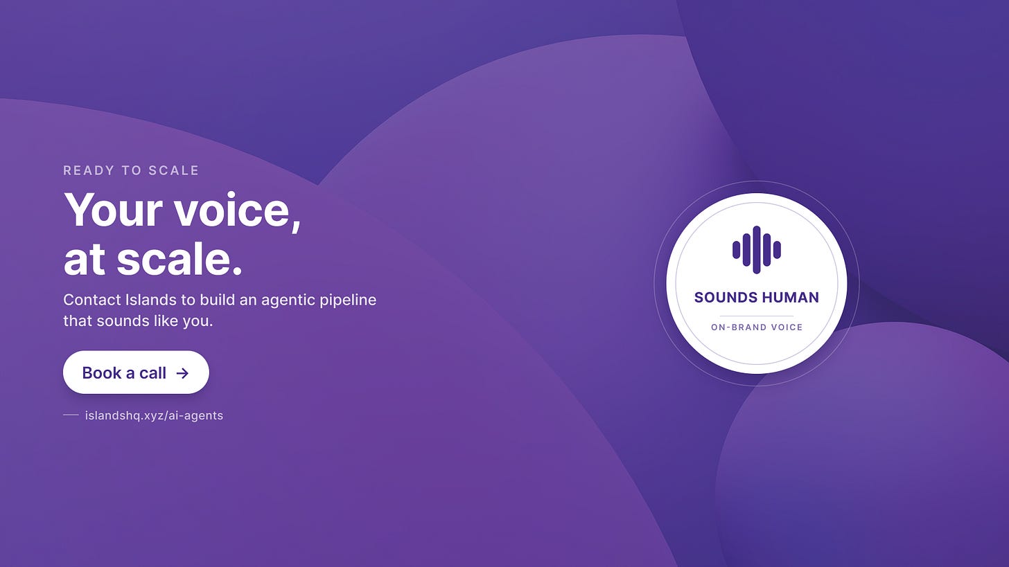 Your voice at scale, with a Sounds Human on-brand voice seal and a Book a call button.