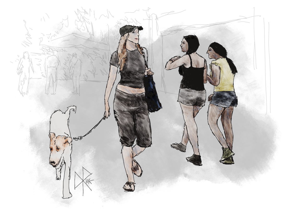 A woman walks her dog as two teen friends walk past in the other direction. Sketch art by Don Rice. A woman walks her dog as two teen friends walk past in the other direction. Sketch art by Don Rice.