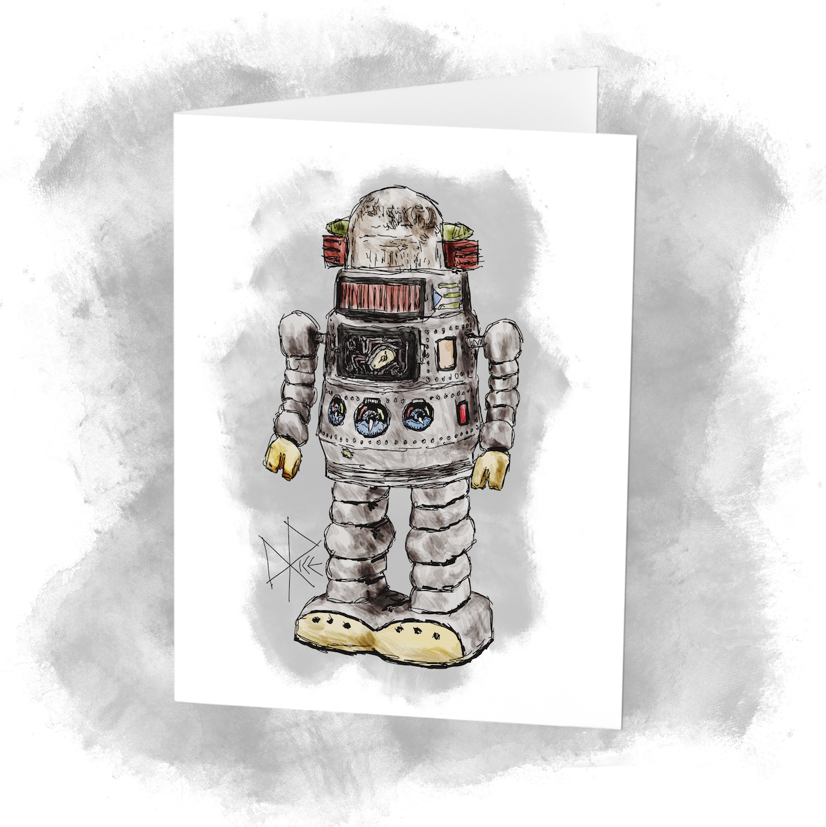 A tin toy robot, inspired by the enduring popular culture icon ‘Robby the Robot’ from the 1956 film Forbidden Planet, and reused in numerous later film and television productions. Sketch art by Don Rice. A tin toy robot, inspired by the enduring popular culture icon ‘Robby the Robot’ from the 1956 film Forbidden Planet, and reused in numerous later film and television productions. Sketch art by Don Rice.