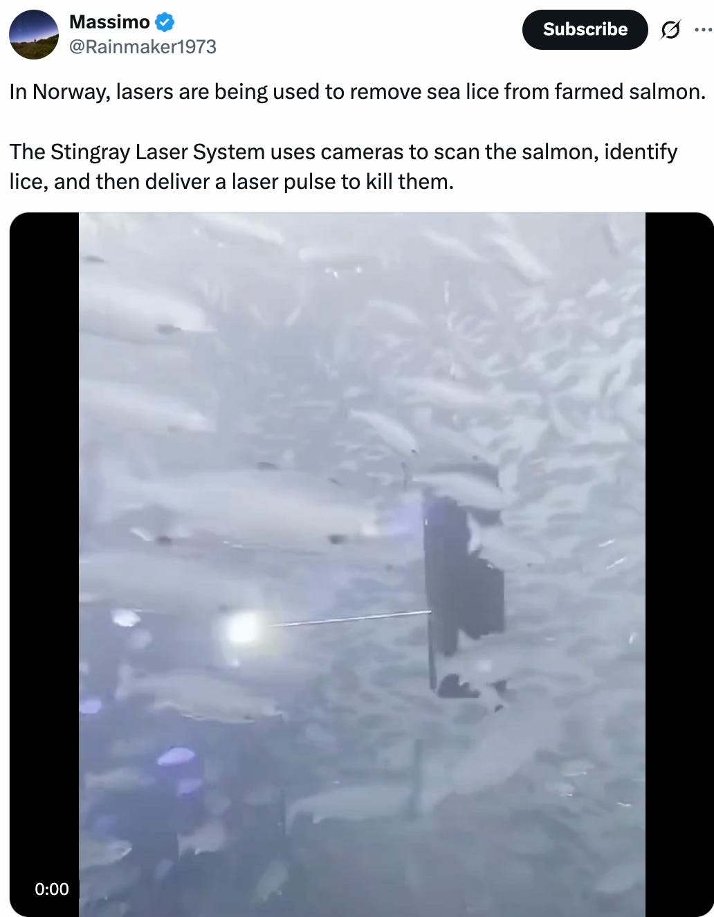   See new posts Conversation Massimo @Rainmaker1973 In Norway, lasers are being used to remove sea lice from farmed salmon.   The Stingray Laser System uses cameras to scan the salmon, identify lice, and then deliver a laser pulse to kill them.