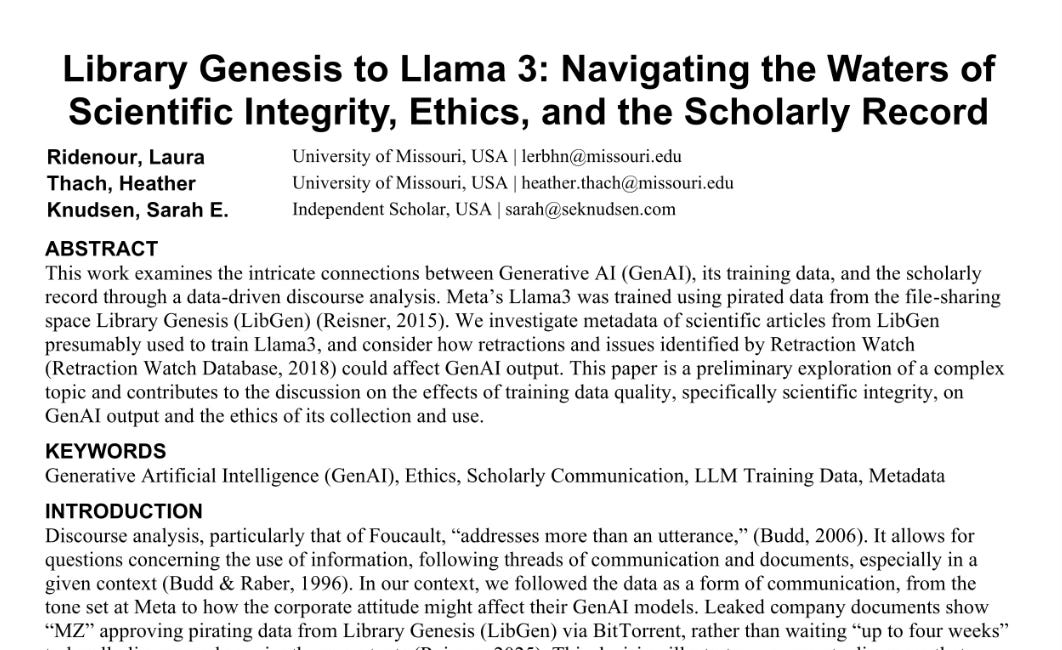 The paper Library Genesis to Llama 3 investigates a troubling link between the training of LLMs like Meta’s Llama 3 and the use of pirated, retracted, or otherwise compromised scholarly data.