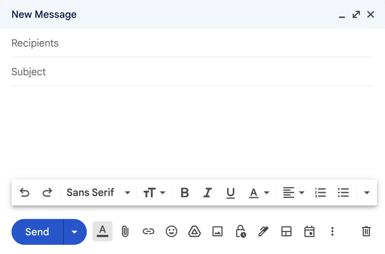 A screenshot of Gmail's New Message window.