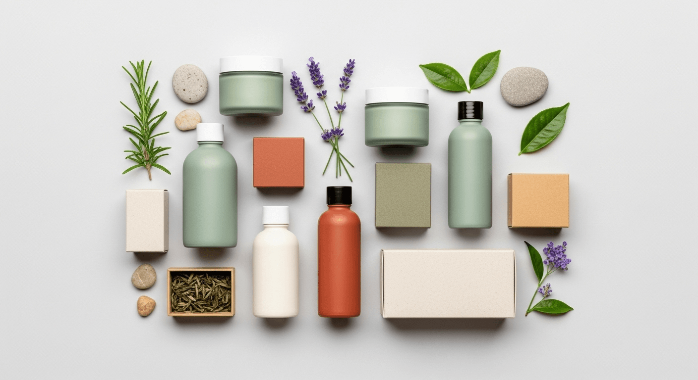 Sustainable skincare brand visual concept showcasing natural ingredients and clean packaging design