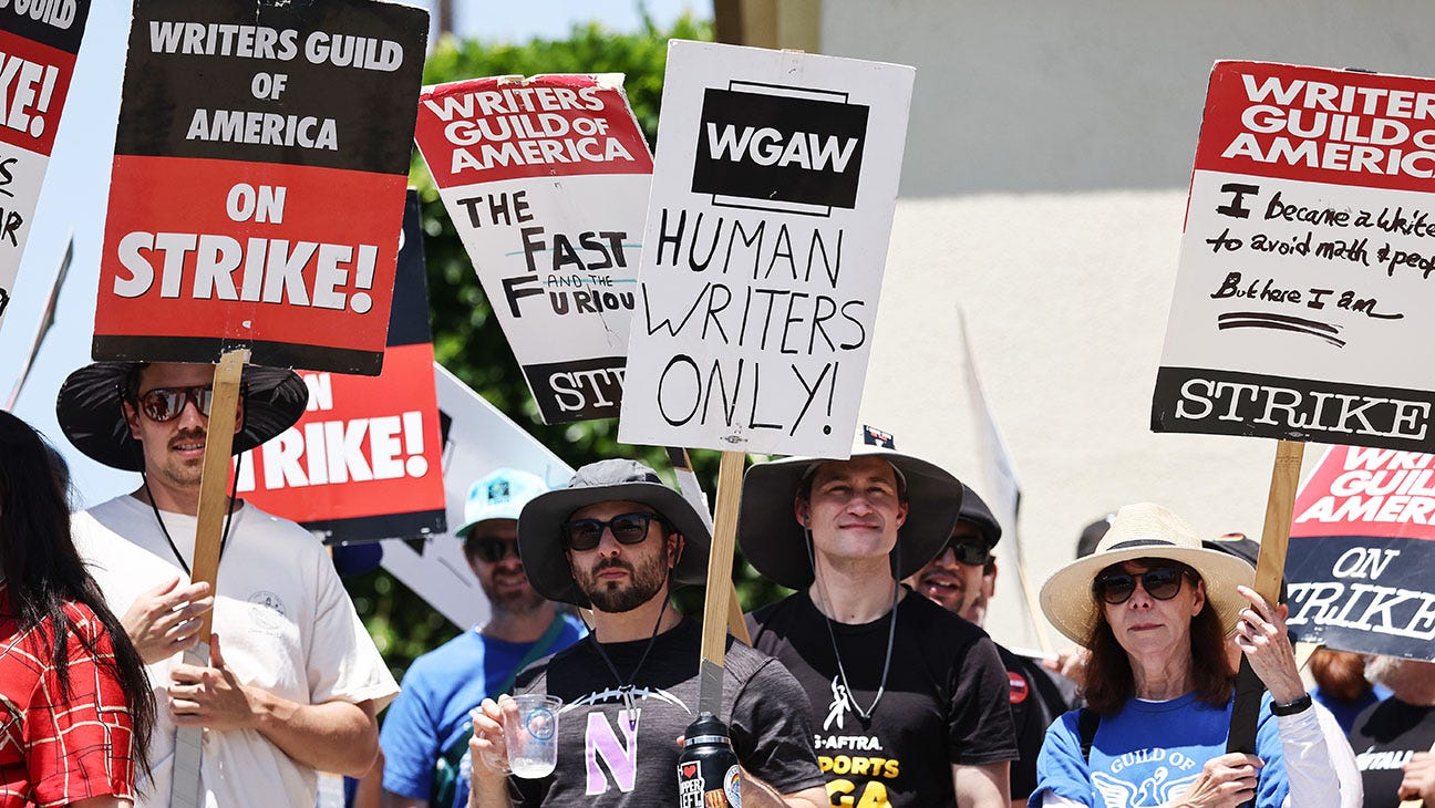 Writers Guild of America picketers holding signs