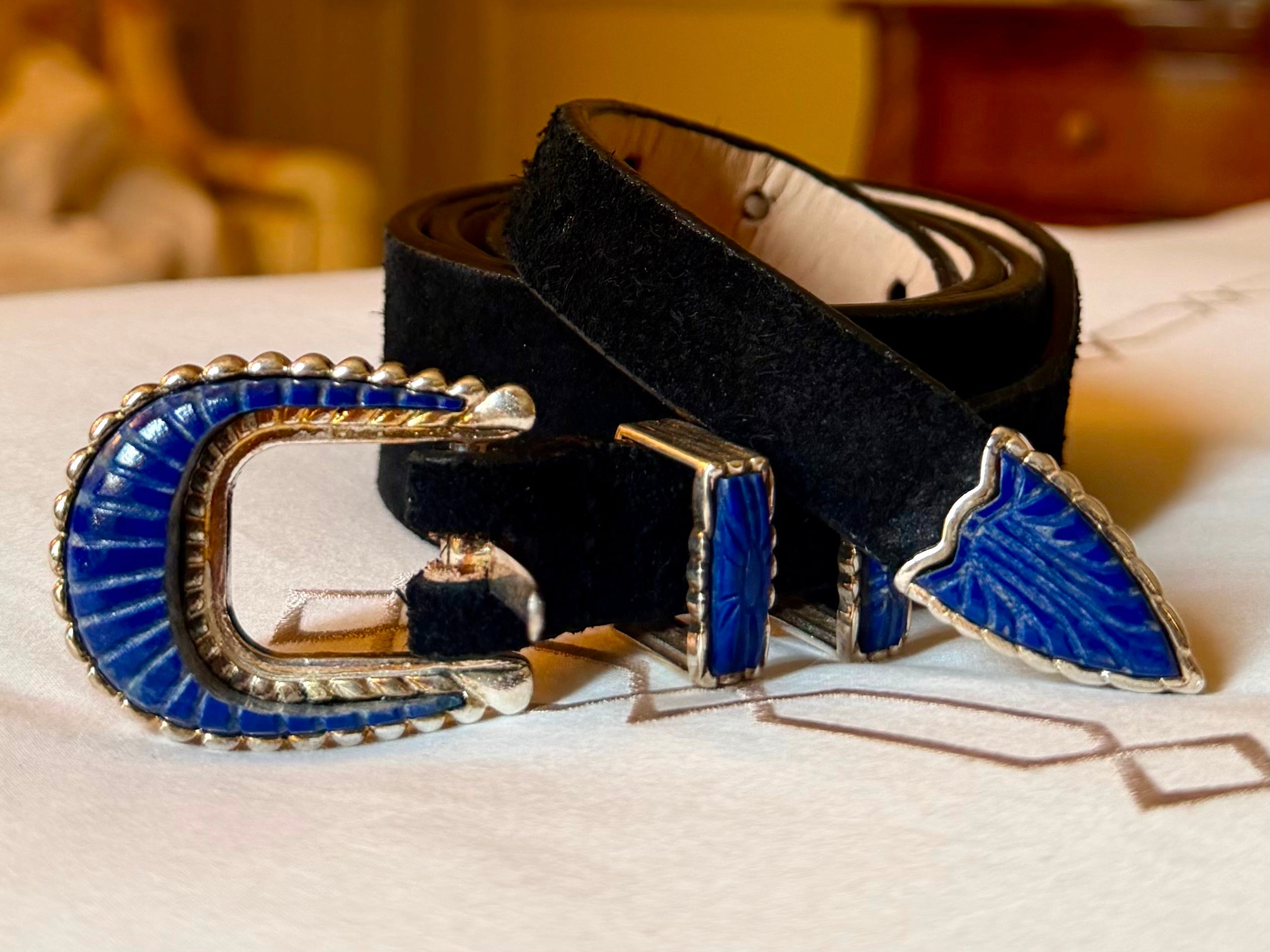 Vintage Blue Stripe Belt Gold Suede Buckle YVES SAINT LAURENT Vintage Runway Belt Logo Buckle Blue  main image 3