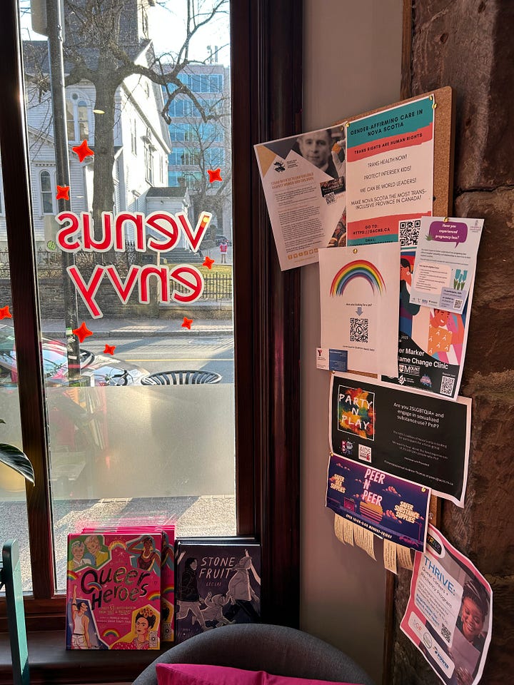 four interior shots of Venus Envy, colourful vibrators, books and Ry