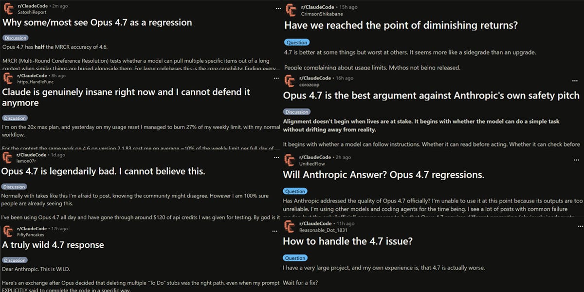 A lot of reddit thread titles that are quite angry about how poorly Opus 4.7 is doing