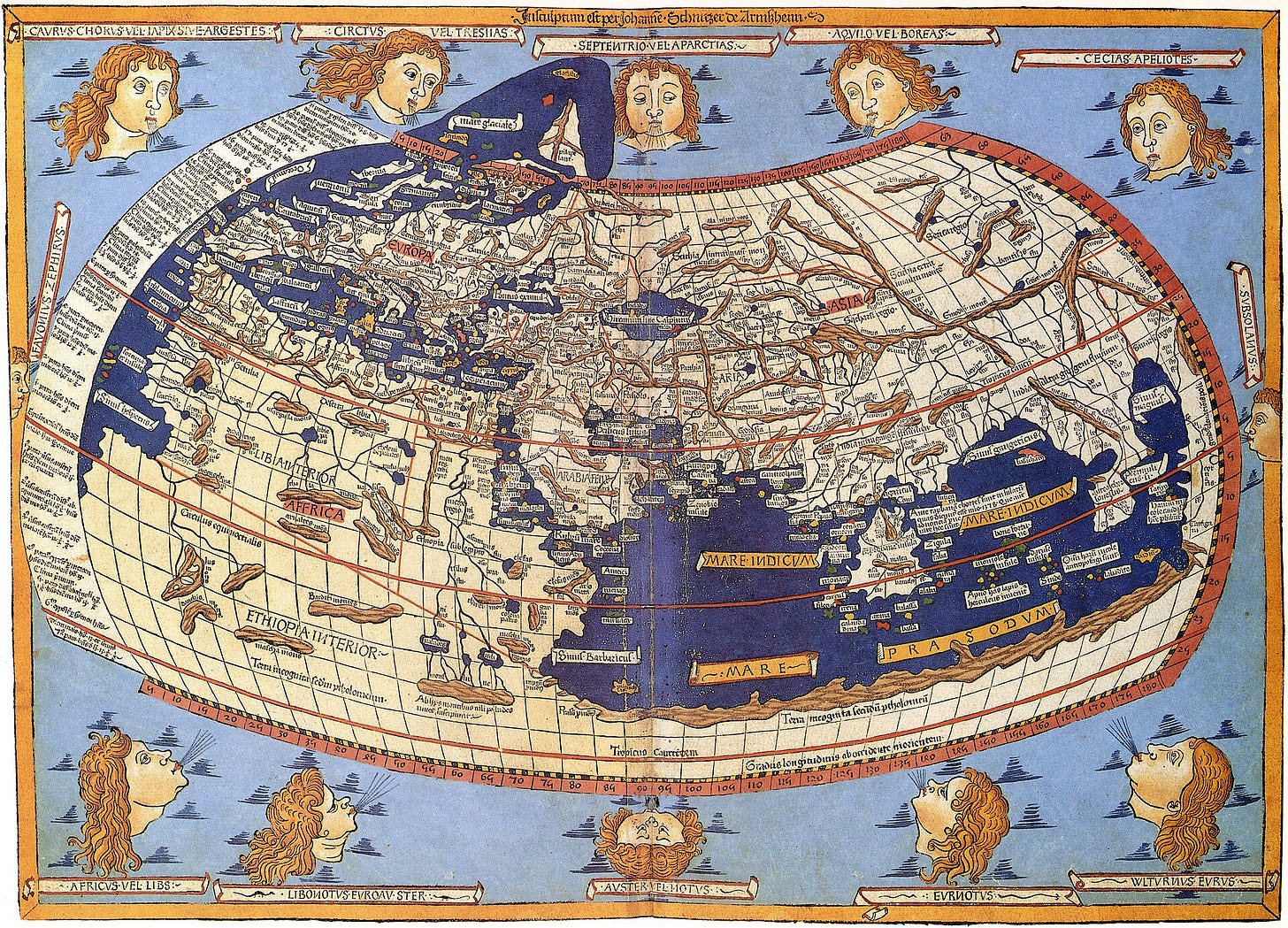 Ptolemy's world map, 15th century, showing the Indian Ocean as an enclosed sea Ptolemy's world map, 15th century, showing the Indian Ocean as an enclosed sea