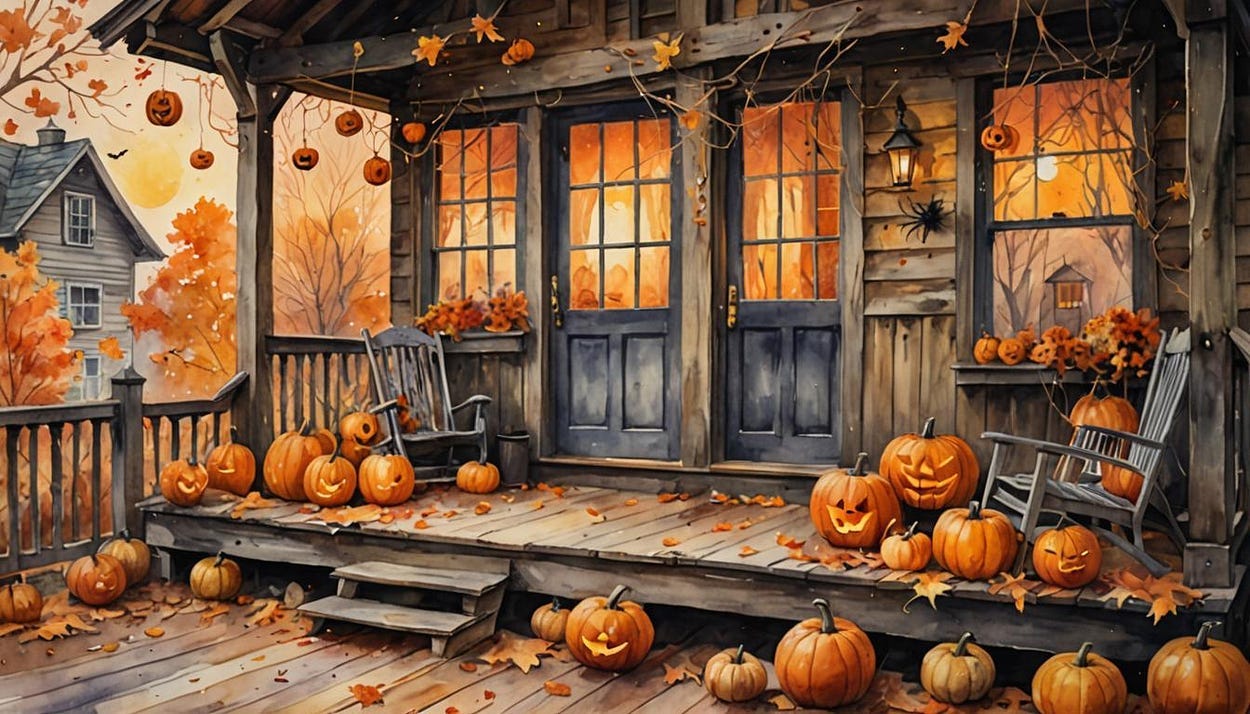 Image shows a wooden veranda of a house, with an orange glow inside the house, and orange pumpkins on and in front of the veranda.
