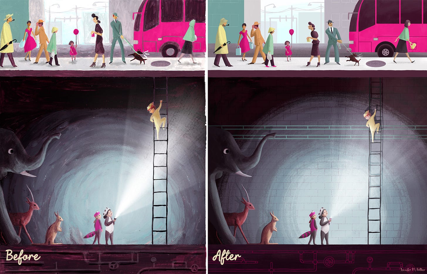 Illustration by Jennifer M Potter of kids and animals navigating underground tunnels. On the left is the first version done in late 2017, and on the right is the second version, done in early 2018