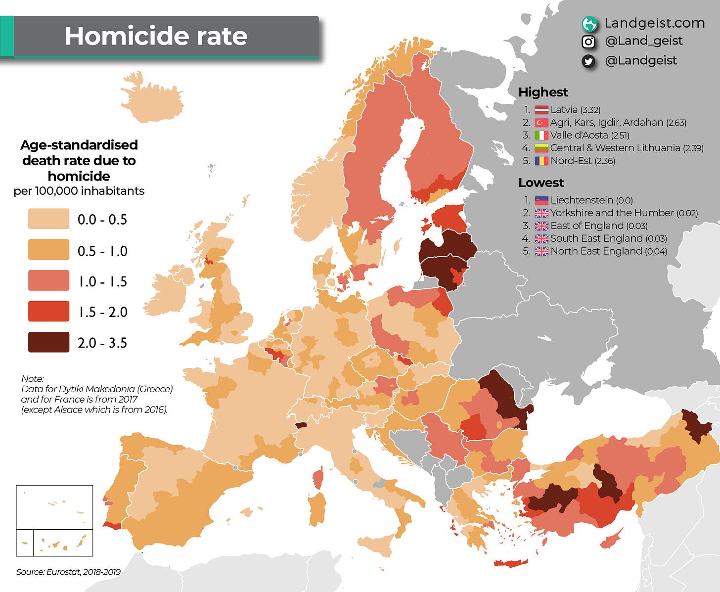 Map of the homicide rate in Europe.