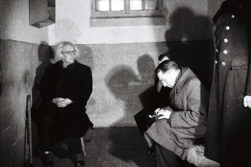 Vojtech Tuka, the Prime Minister of the Slovak Republic during WW2, and leader of the radical secular wing of the Hlinka Party, in prison before his war crimes trial in Czechoslovakia. He was eventually sentenced to death and hanged. (1945)