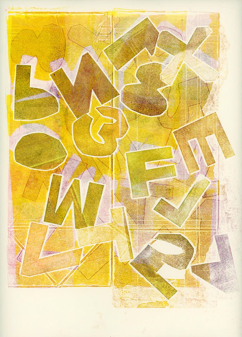 Yellowish gray cut-out letters on a purple and yellow background