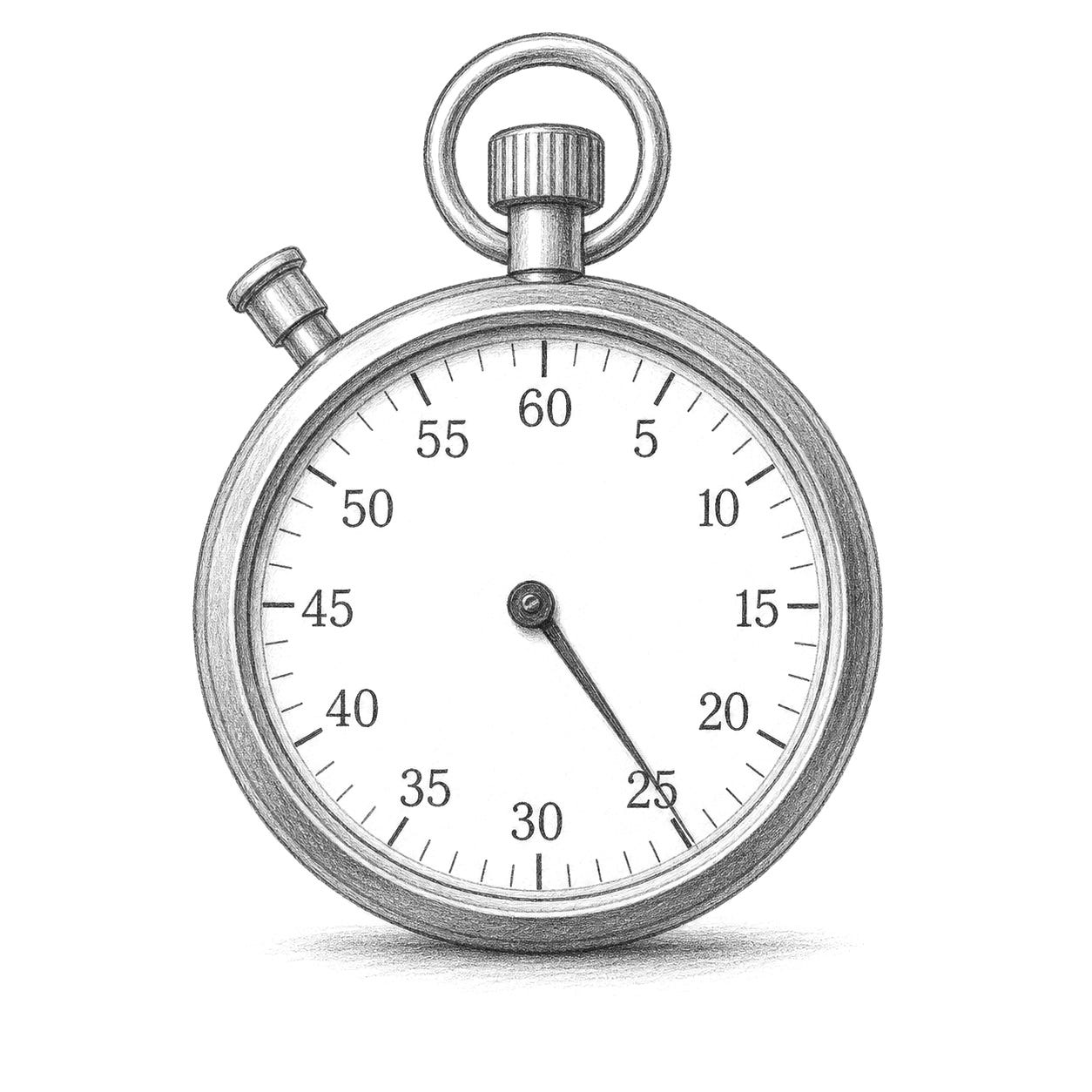 Graphite pencil sketch of a stopwatch showing 25 seconds