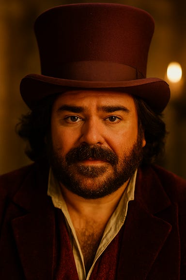 Create a full-face portrait of Rictavio, visually inspired by Matt Berry. He has a theatrical flair, with expressive eyes, a well-groomed mustache, and a confident, slightly mischievous expression. The lighting is warm and dramatic, highlighting his features against a dark tavern backdrop. The portrait should feel cinematic and character-driven, suitable for a character poster.