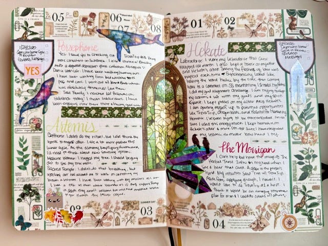 photos of journal entries. First reads september and has a fall themed collage. Pages 2 and 3 are of new moon oracle card readings I have done for myself complete with corresponding stickers like butterflies, plants, and crystals. The final page is dutch doors that has my income and expenses along with a cute autumn orange and purple theme.