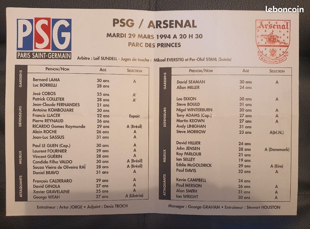 Programme de match PSG / Arsenal 1994 - Collection