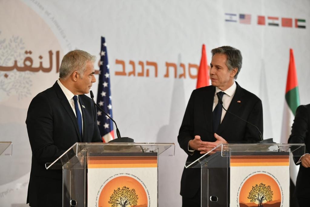 From Right to Left: US Secretary of State, Anthony Blinken, Israeli Foreign Minister Yair Lapid. (Israel Ministry of Foreign Affairs, Government Press Office.)