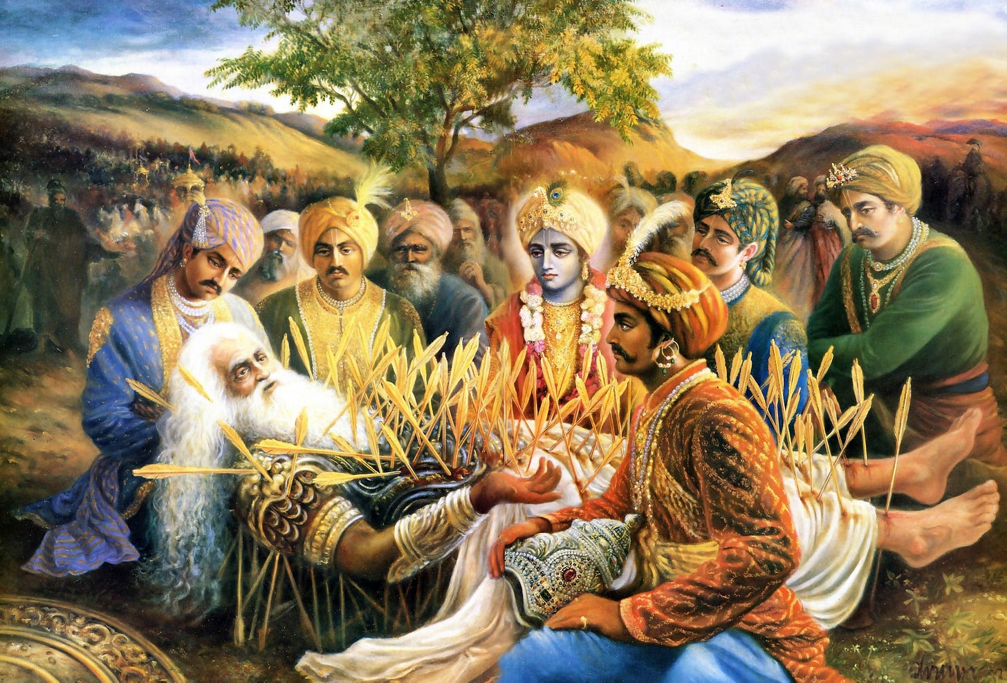 Stylized painting of Bhishma dying on a bed of arrows