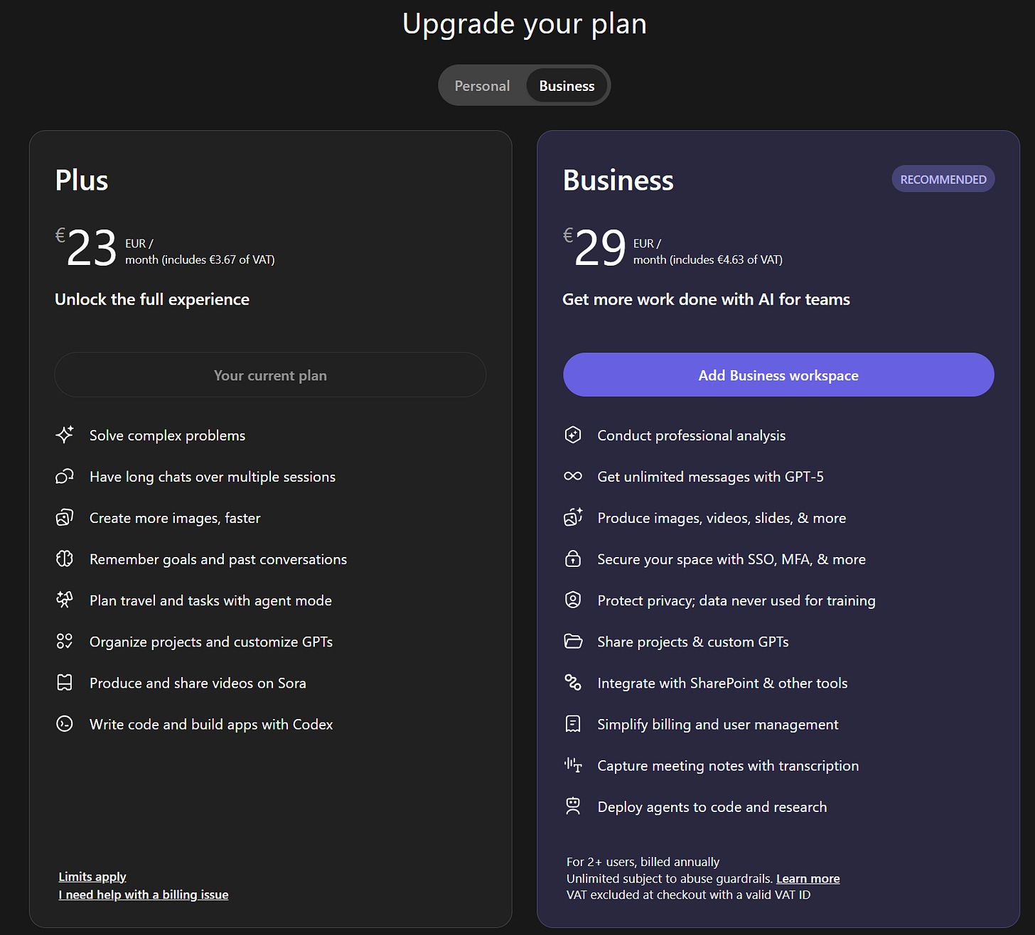 Comparison of consumer and business AI subscription plans illustrating the shift from personal use to team adoption.