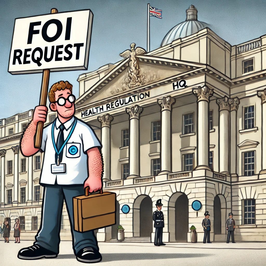 A cartoon-style physiotherapist standing outside a large, official-looking government building, holding a protest-style sign that says 'FOI REQUEST' in bold letters. The physio is wearing a polo shirt with a name badge and carrying a clipboard under one arm. The scene has a mix of humour and frustration. The government building has large columns and a sign that reads 'Health Regulation HQ'. The sky is slightly overcast to reflect a serious tone. The style is professional yet playful, suitable for a satirical healthcare blog.